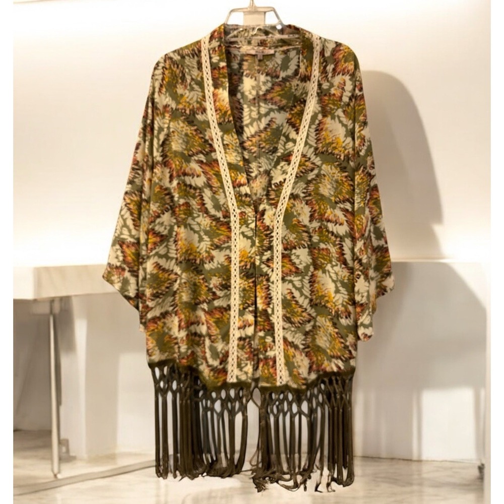 Miss Me Fall Moss Leaves Feathers Fringe Lightweight Kimono Women size L Large